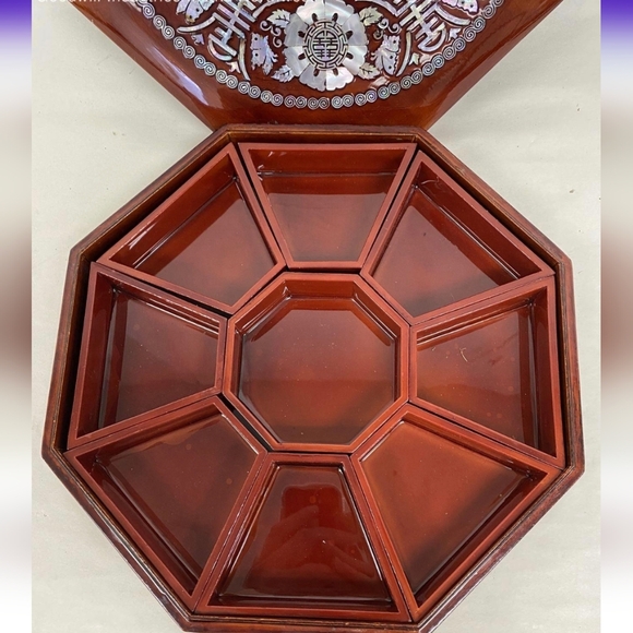 Vintage Mother Of Pearl Inlay Wooden Box With Inserts 11.5" - Picture 4 of 5